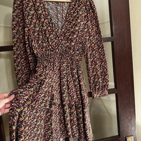 Zara Black Floral Long-Sleeve Smocked Waist Mini Dress - Picture 2 of 4